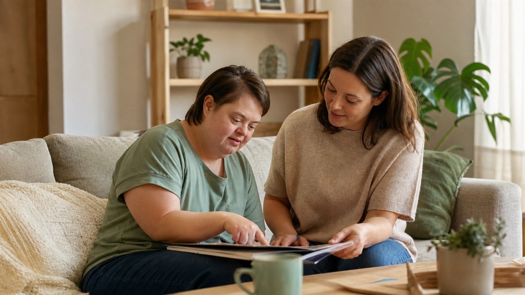 Caregiver offering supportive in-home care for an adult with developmental disabilities.