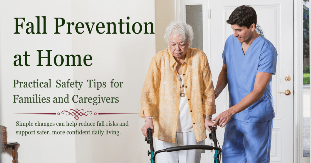 Older adult walking safely at home with support from a caregiver