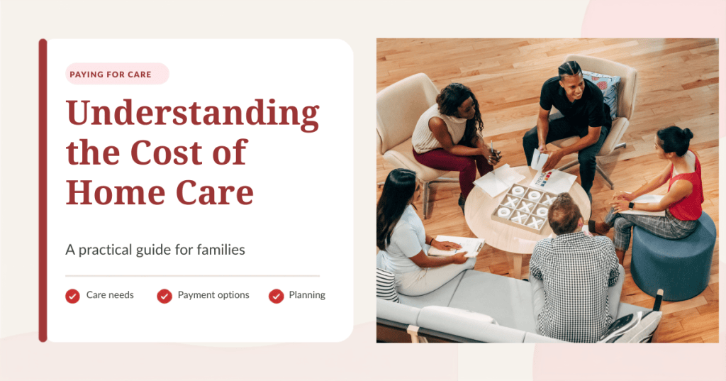 Illustration of a family reviewing a home-care plan together, representing care costs, payment options and financial planning for Tennessee families.